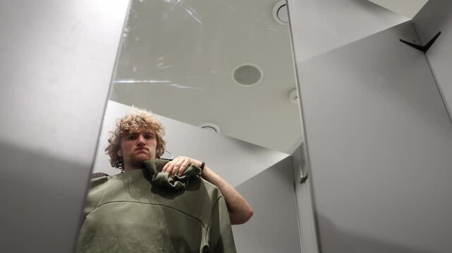 Man tries on an olive green hoodie in a fitting room holding it against his body while checking the size color and style to decide whether the casual clothing suits him well