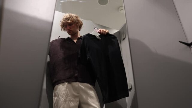 Student thinks about which clothes to choose in a fitting room while comparing a black shirt and gray shorts for a casual outfit before making a shopping decision to wear