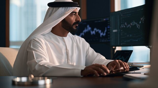 Middle Eastern businessman in traditional attire analyzing financial market charts on multiple computer screens