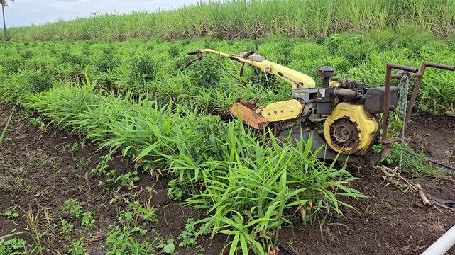 Two-Wheel Hand Tractor Stationary in Lush Ginger Plantation Rows under natural daylight, highlighting the use of compact agricultural machinery for inter-row weeding, soil aeration, field cultivation.