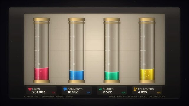Glass Tube Gauges Filling With Colored Liquid To Show Social Media Likes Comments And Followers