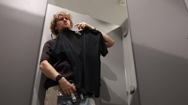 Nervous man struggles to choose an outfit in a fitting room comparing a black shirt and gray shorts while feeling uncertain about style and what clothes to wear today