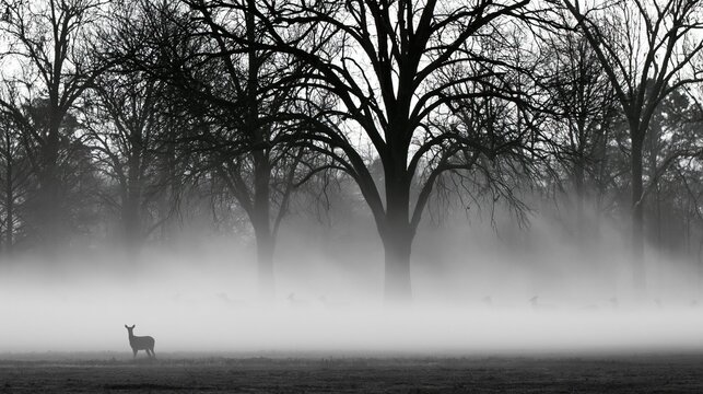 Misty Morning Forest Scene with Solitary Deer Standing in Foggy Field, Black and White