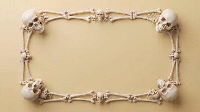 Halloween arrangement of human skulls and bones forming a rectangular frame
