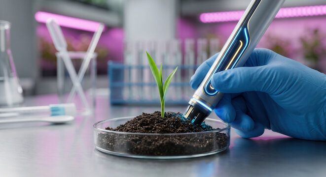 Measuring soil conditions around a young sprout with an AI scanner in a lab.