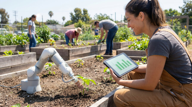Smiling gardener monitoring robotic plant care with a tablet in a community garden.
