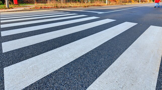 Close Up View of a White Striped Pedestrian Crosswalk on an Asphalt Road in an Urban Environment