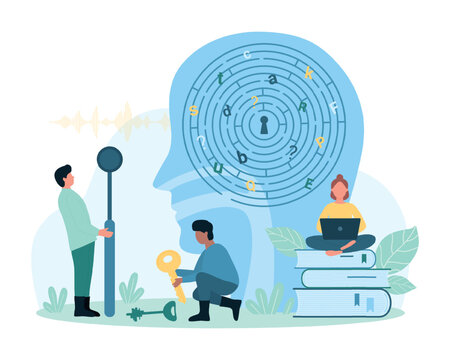 Difficulty in learning, understanding and memory, brain processing vector illustration. Cartoon tiny people holding key to lock in maze of mind with chaos of letters, help with study problems