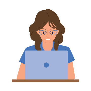 Smiling woman with glasses using laptop at desk on isolated white background vector illustration