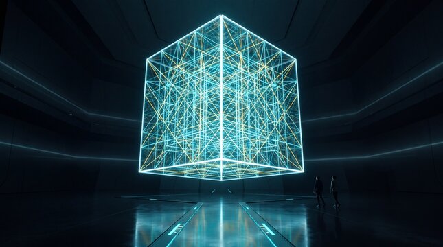 Glowing Quantum Computing Cube in Futuristic Tech Facility