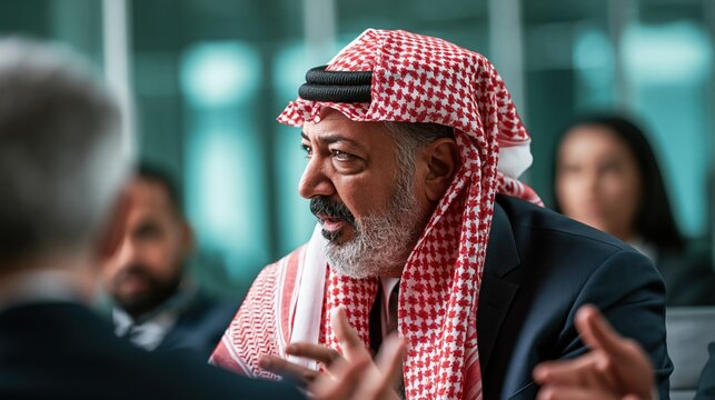 Middle Eastern Businessman in Traditional Headwear Engages in Serious Discussion with Colleagues in Modern Office