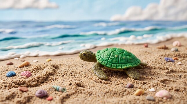 Claymation Sea Turtle Hatchling Crawling on Sandy Beach