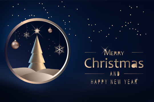 Elegant Christmas and New Year greeting card with a minimalist golden Christmas tree, ornaments and snowflakes inside a circular frame on a dark navy blue background. Vector illustration.