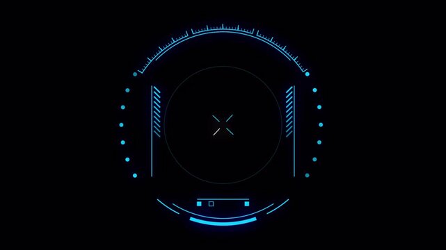 Futuristic circular HUD radar interface animation with glowing blue neon elements, scanning indicators, digital targeting system and sci-fi technology design on transparent background.