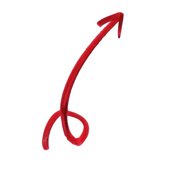 A hand drawn red arrow sign with a curved shape pointing upwards showing a direction for design projects