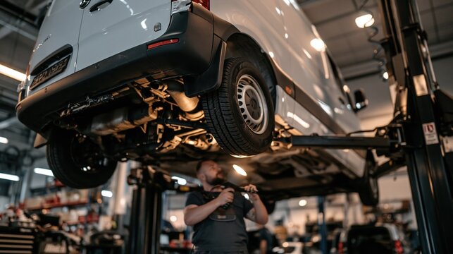 Mechanic Inspecting Undercarriage of White Commercial Van Elevated on Automotive Repair Shop Lift