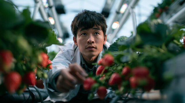 Agricultural Scientist Inspecting Strawberries in Modern Greenhouse