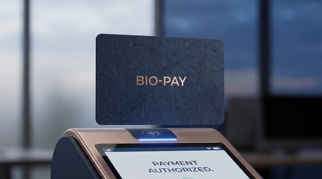 Contactless payment with Bio-Pay card on terminal, authorized transaction screen, modern dark textured card design, retail checkout concept