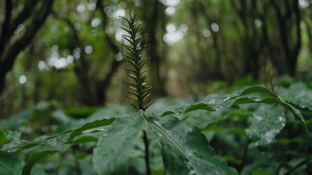 Close-up of a green plant in a forest setting with dewy leaves. The atmosphere is misty, creating a fresh and tranquil environment. Green Plant in a Forest with Dewy Leaves on a Misty Day
