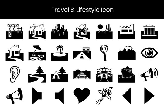 Travel and lifestyle icon set, 28 black vector symbols, tourism and navigation map elements