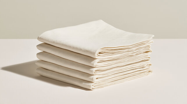 Neat stack of folded pale linen napkins on a plain pastel surface