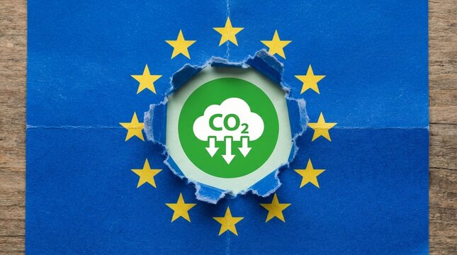 European union flag paper cutout revealing green climate icon with carbon dioxide reduction symbol emphasizing sustainable environmental policies and future ecological goals for the entire continent
