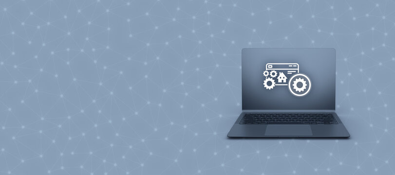 A modern laptop with a digital settings icon on screen stands on a blue patterned background, offering ample copy space for custom branding texts and digital concepts
