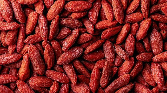 Close-up overhead view of dried red goji berries, a vibrant superfood rich in antioxidants and nutrients, perfect for healthy eating and culinary use.