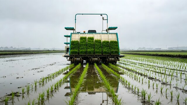 Rice Transplanter in Flooded Paddy, Mechanized Rice Planting.