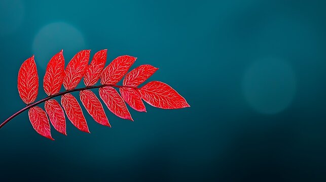 Vibrant crimson leaf branch against teal backdrop