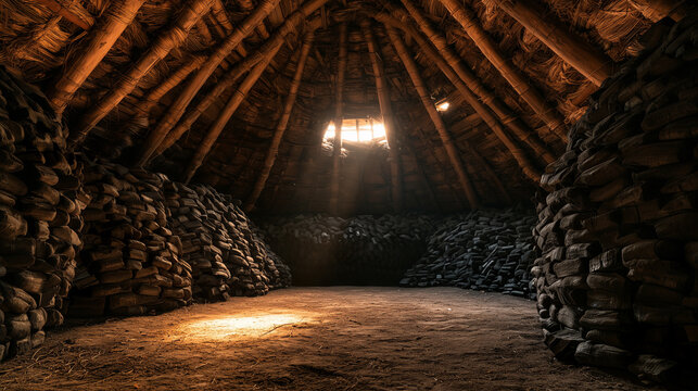 Charcoal burner hut interior with an earth floor and stacked black charcoal