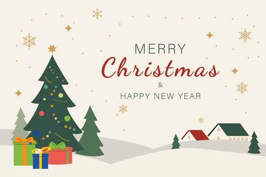 Flat Christmas and New Year greeting card with a Christmas tree, colorful ornaments, gifts, snowflakes and a charming winter village on a warm cream background. Vector illustration.