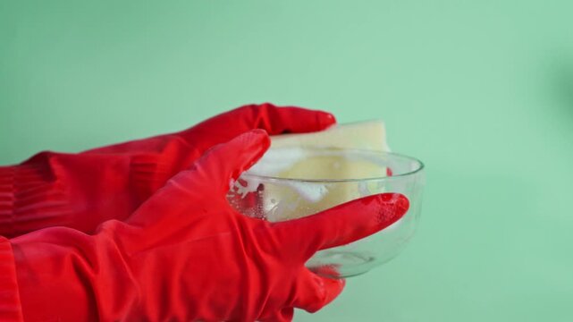 Hands in red gloves wash clear glass bowl with soapy sponge on green background
