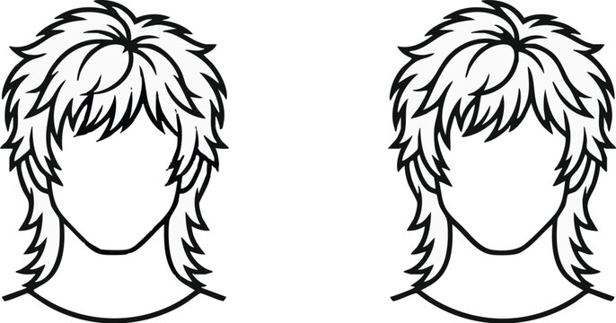Men hair styling sketches illustrate textured wolf cut and mullet hairstyles in minimalist line art.