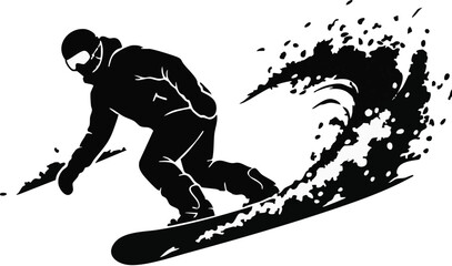 Fototapeta premium Freeride snowboarder silhouette carves through powder snow forming a massive wave spray on isolated background.