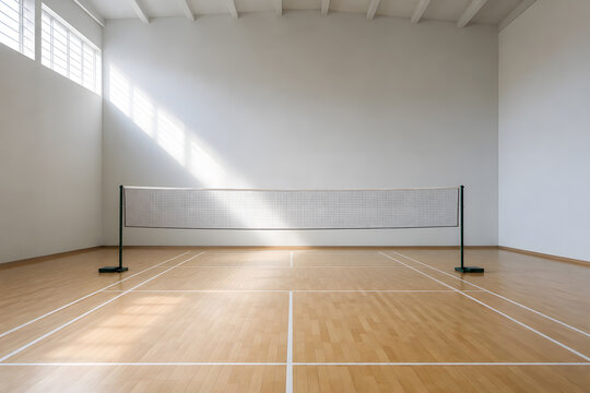 An empty indoor badminton court in a small sports hall, wide one-point perspective
