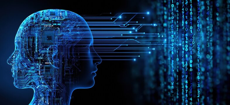 Futuristic Blue Digital Human Head with Data Streams and Binary Code Background