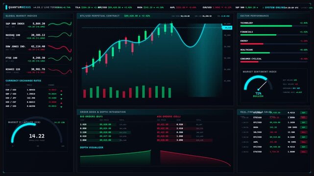 Financial trading dashboard showing cryptocurrency market data and charts