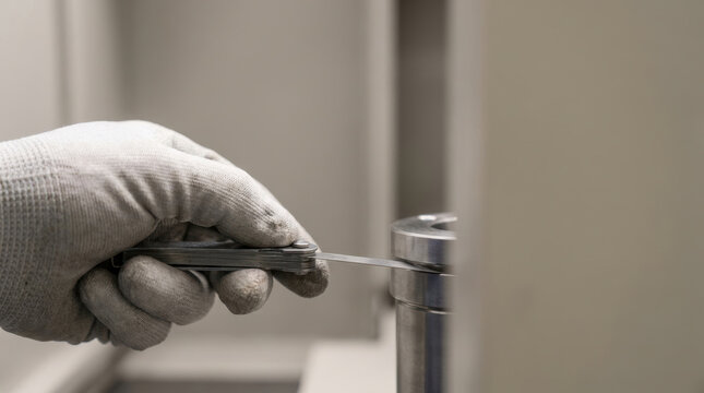 Macro worker hand checking gap with feeler gauge on metal cylinder, precise mechanical inspection in workshop setting