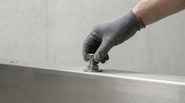 Sharp focus on high tensile bolt hand tightening against metal surface with protective glove, conveying careful industrial assembly work