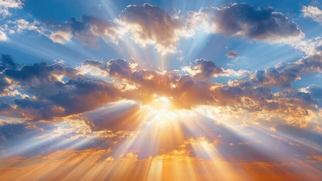 Celestial Radiance: The sun breaks through dramatic clouds, casting ethereal rays of light across a vast sky, evoking a sense of wonder and hope.
