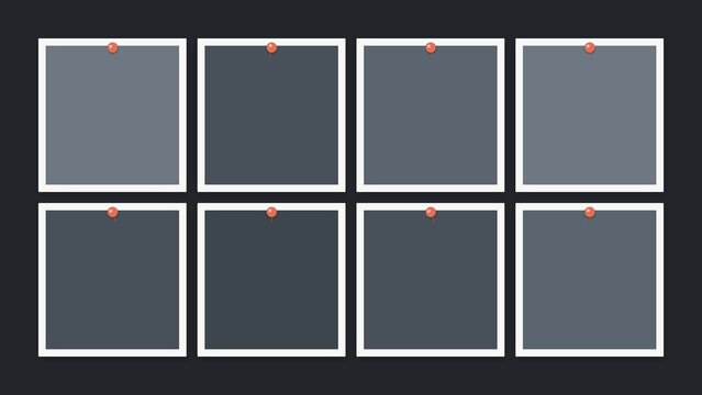 Blank photo frames with red push pins on dark background, set of square picture frames mockup, board template for gallery, memories and notes