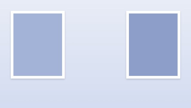 Two blank blue picture frames mockup hanging on a light blue wall, ready for your custom artwork or photography display