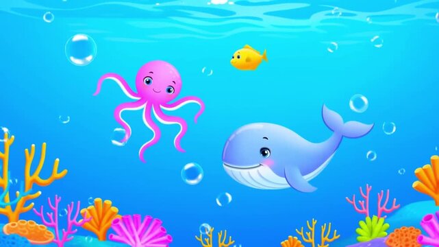 Cartoon Underwater Scene with Octopus Whale and Fish in Coral Reef