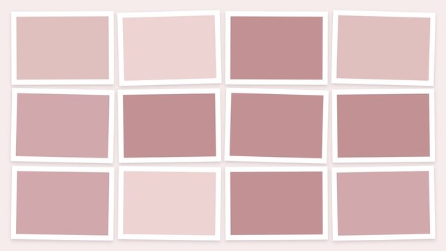 Set of twelve blank rectangular photo frames with white borders arranged in a grid pattern on a soft pastel pink background