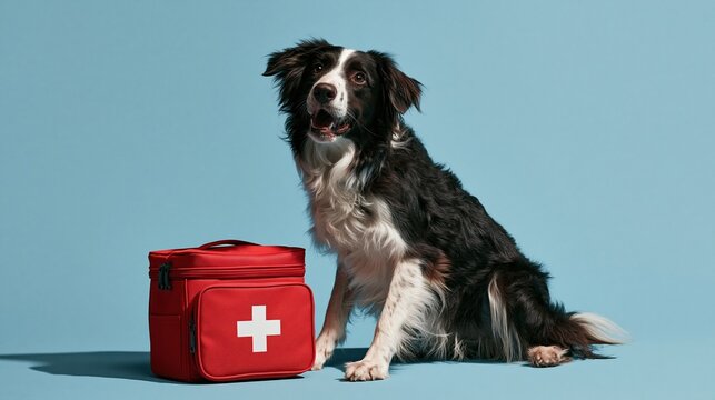 Alert Border Collie Dog Sits Beside a Red Pet First Aid Kit on a Blue Background Studio Shot