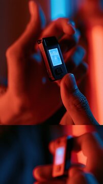 Close-up of a hand holding a small digital device with a glowing screen in dramatic red and blue lighting