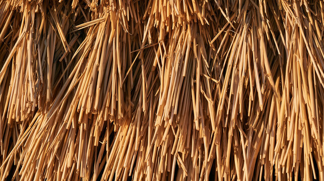 Cut ends of a thatched roof with dense golden reed stems packed tight