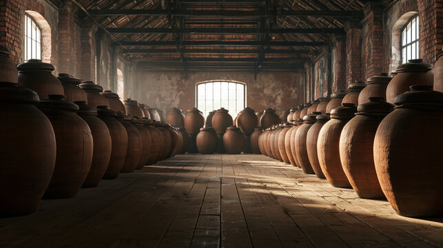 Vinegar loft with rows of round clay jars on a plank floor