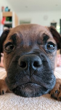 Close-up Portrait of Adorable Brown Puppy Dog with Big Eyes and Wet Nose Resting on Carpet